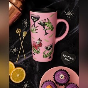 Pink Gothic Cocktail Travel Mug Skeleton Hand Halloween Coffee Cup with Lid NWT